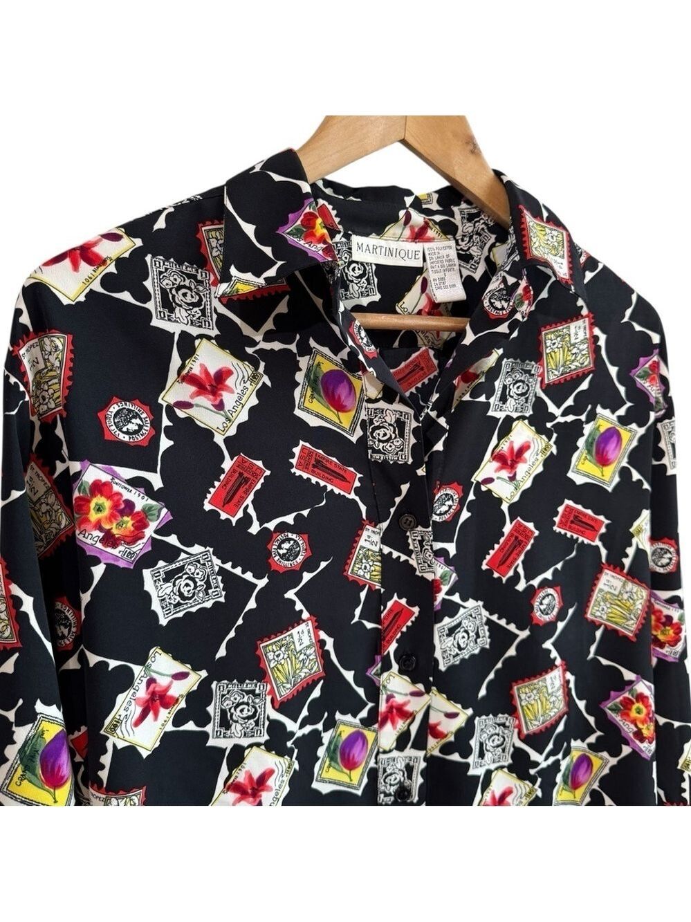 Vintage Martinique Postal Stamp Top Sz S Button Down Shirt Travel Retro Novelty